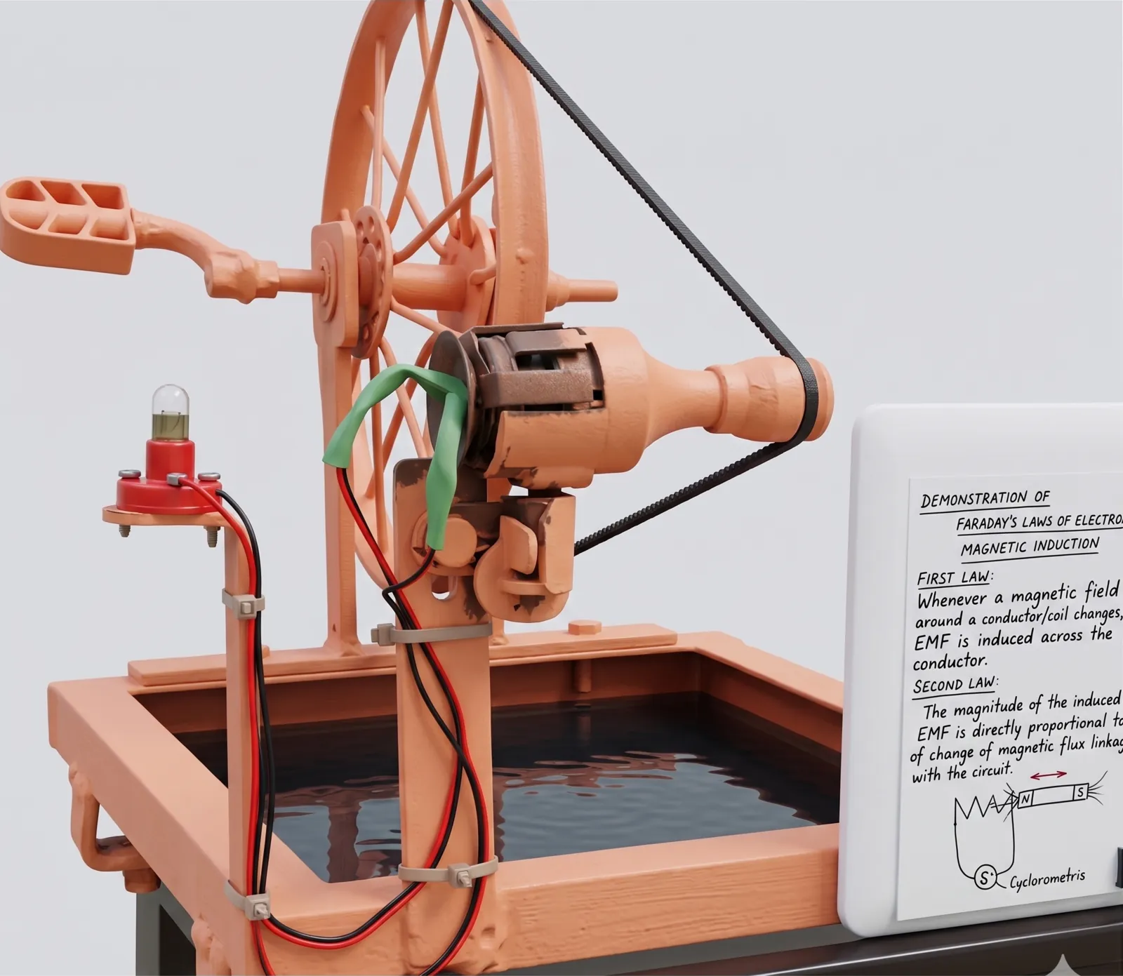 A 3D-printed orrery-style apparatus demonstrating Faraday's laws of electromagnetic induction, with a hand crank, belt-driven generator and a lit bulb.