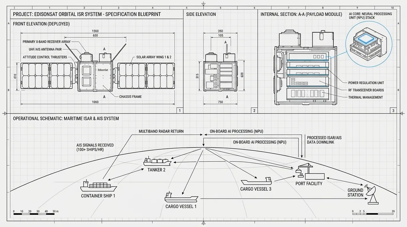 EdisonSat Orbital ISR System specification blueprint: front and side elevation, payload module internal section with neural processing unit stack, and operational maritime ISR and AIS schematic.